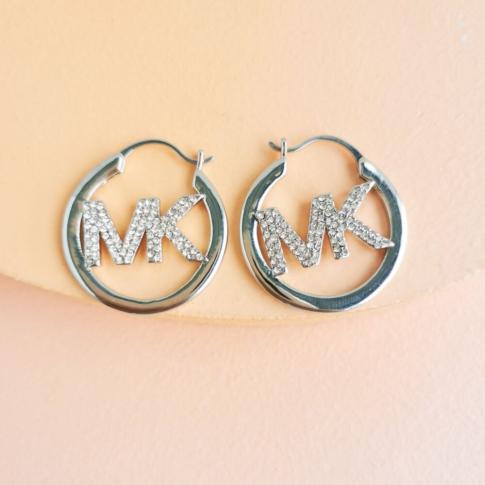 Michael Kors - Pave Hollow Logo Silver Plated Hoop Earrings - NEW